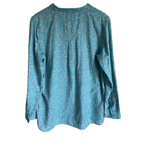 Talbots Size Medium Turquoise Teal Blue Ditsy Floral Popover Top 100% Cotton - Picture 2 of 6